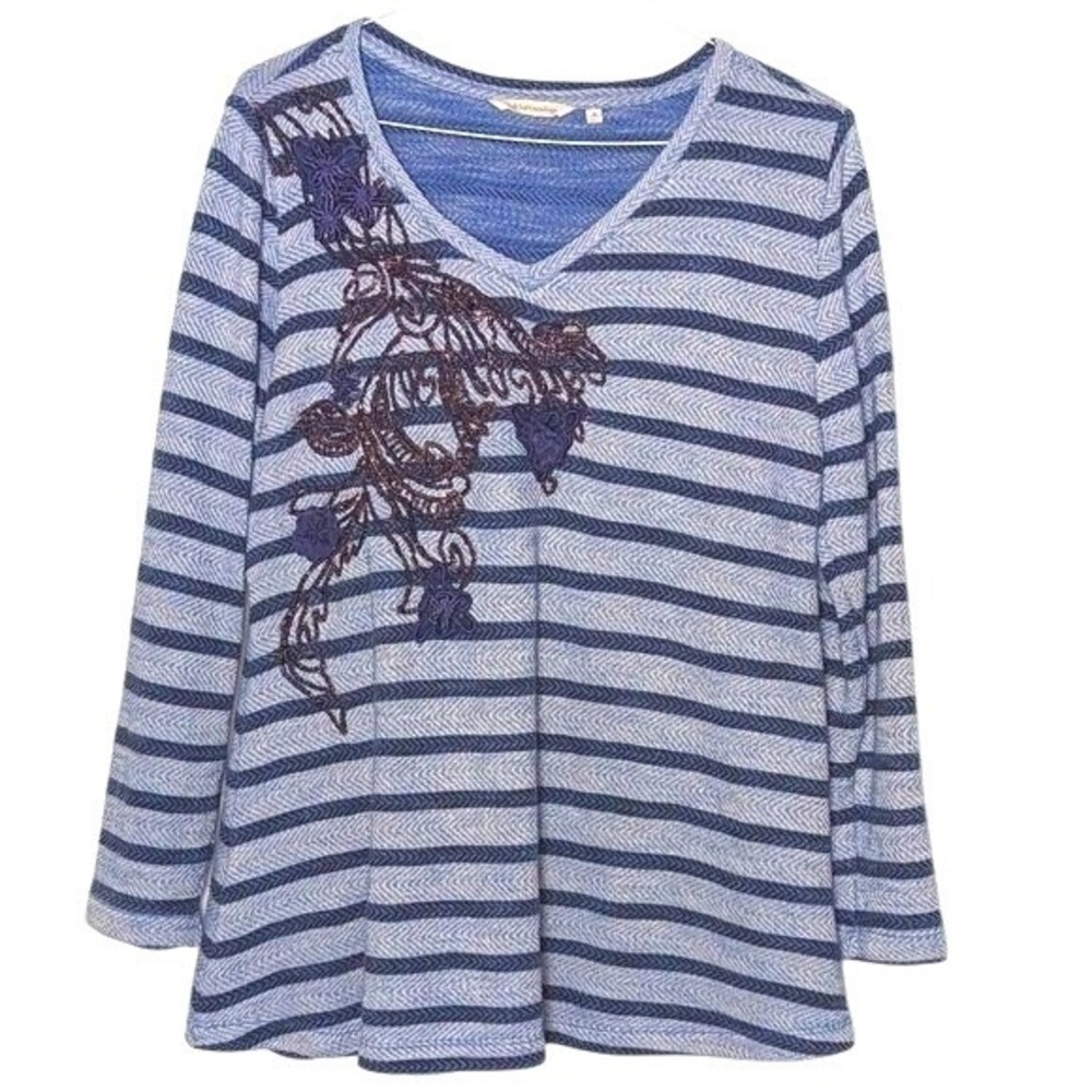 Soft Surroundings Blue Top Embroidered Cozy Boho Lounge‎ Coastal Grandma Floral